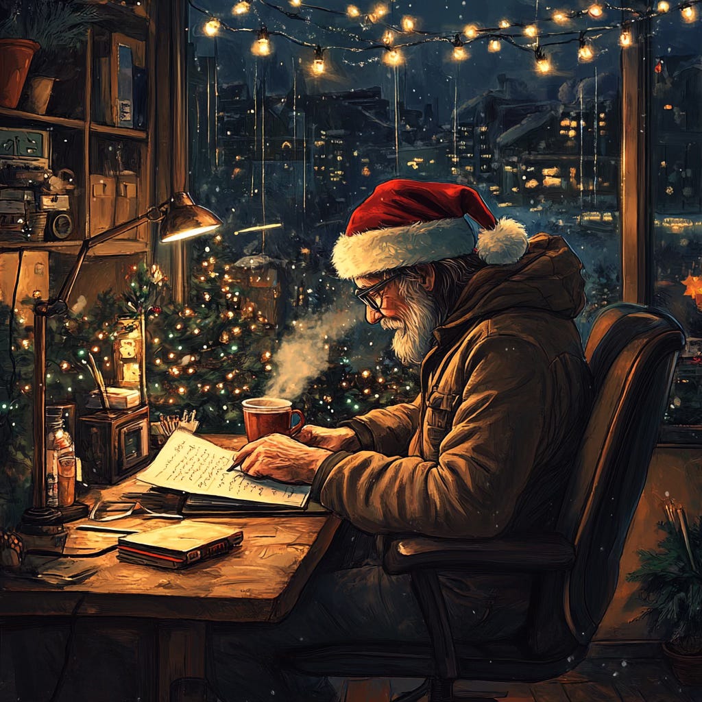 A writer wearing a Santa hat, writing by hand in a cozy writer's space decorated for Christmas, he has a steaming cup of coffee at hand.