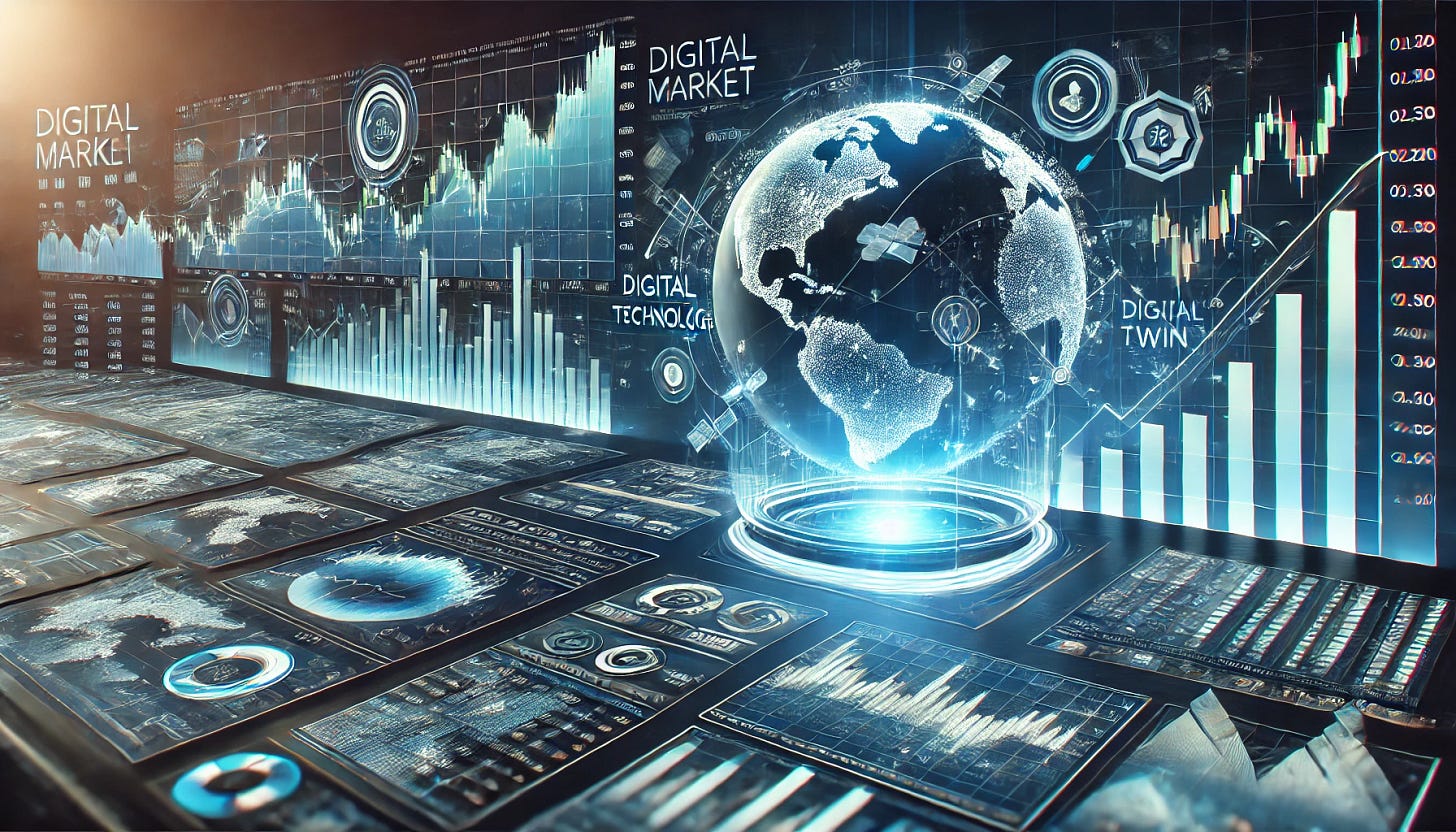 A futuristic financial dashboard displaying stock market trends with digital twin technology overlays. The image shows a mix of rising and falling stock graphs, symbolizing market shifts. A digital twin simulation of a satellite or aerospace model is integrated into the dashboard, highlighting investment opportunities. The scene is sleek and high-tech, with a blue and neon aesthetic, representing innovation and finance.