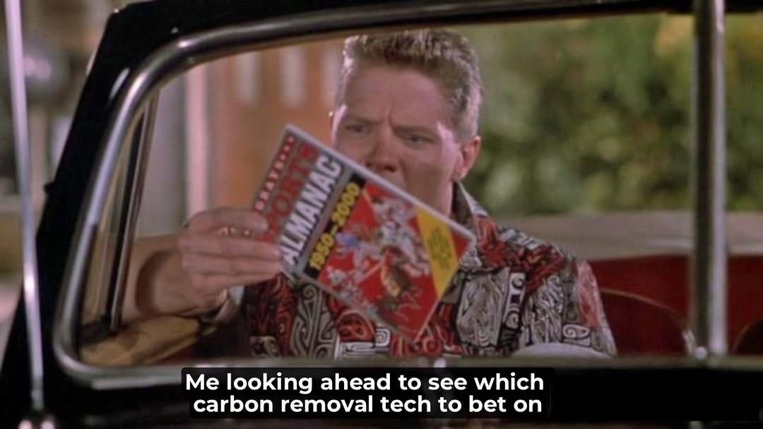 Biff from Back to the Future Part II reading a sports almanac in a car, captioned "Me looking ahead to see which carbon removal tech to bet on".