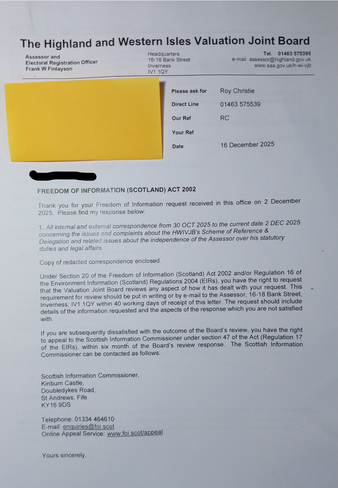 FOI response by post from HWIVJB.