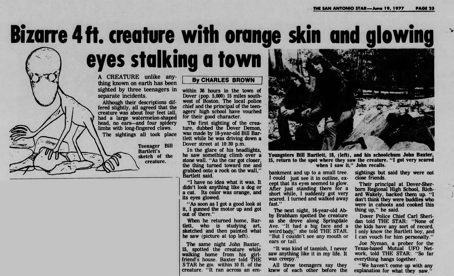 Artículo periodístico de 1977 sobre el Demonio de Dover (The San Antonio Star - San Antonio, TX - 19 de junio de 1977): r/Humanoidencounters