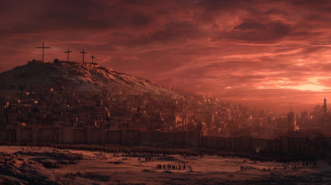 Crosses on a hill above ancient Jerusalem under a dramatic crimson sky at dusk with a crowd dispersing below.