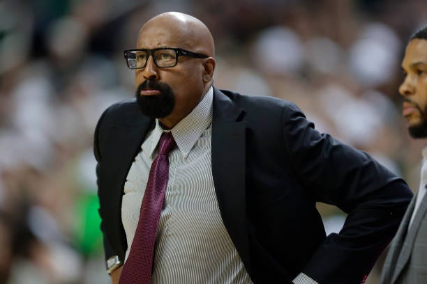 Head coach Mike Woodson of the Indiana Hoosiers reacts to a call during the second half against the Michigan State Spartans at Breslin Center on...