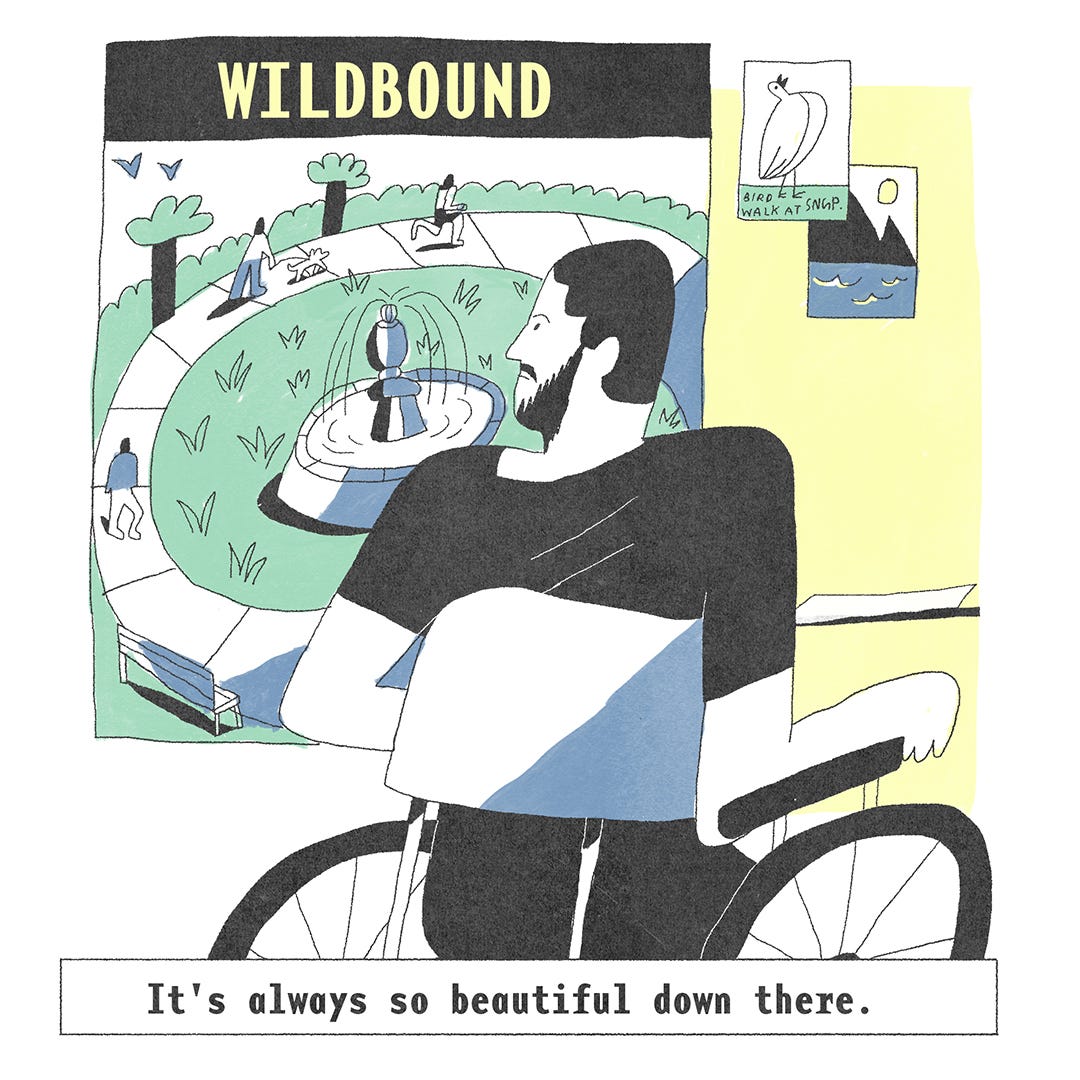 The title of the comic, ‘Wild Bound’ is written in bold at the top.  A man on a wheelchair looks over at a beautiful park with a walking track and a fountain; a bird walk at SNGP (Sanjay Gandhi National Park); the sea. The text at the bottom says, ‘It's always so beautiful down there’.