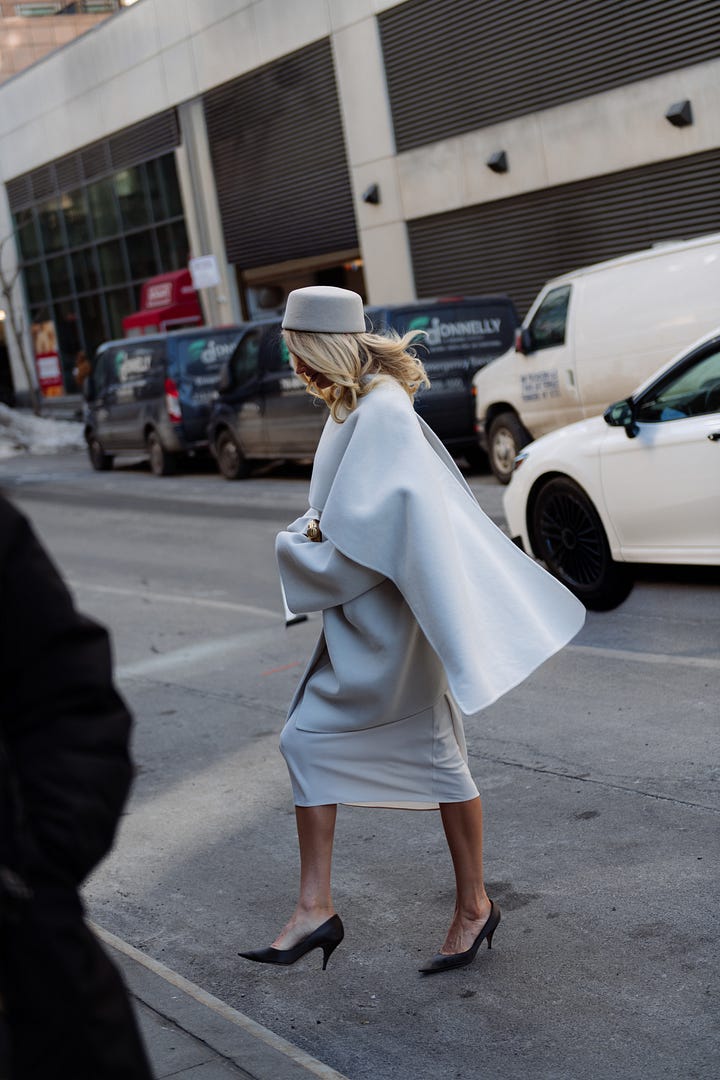 Street style images from NYFW showing Sarah Dewald in a brown fur jacket over a sage green dress with burgundy gloves, and Elsa Hosk in a sculptural white coat and matching hat.