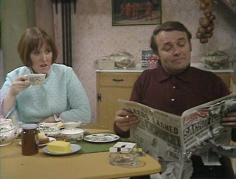 Fletch looking at a urine sample flask, Eddie Booth from Love Thy Neighbour reading a newspaper, and the title sequence from the pilot of Love Thy Neighbour