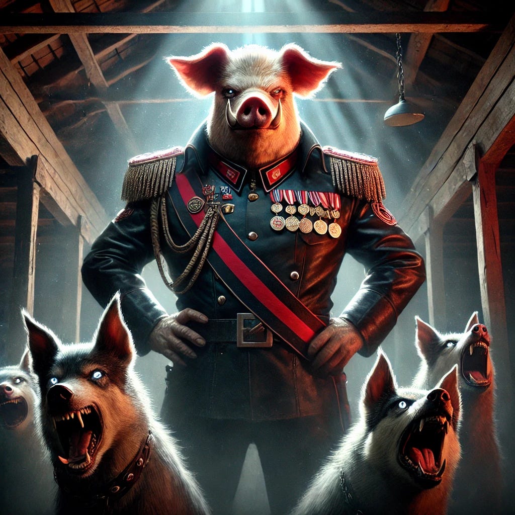 A thrilling and fierce depiction of Napoleon the pig from George Orwell's 'Animal Farm.' Napoleon is illustrated as a dominant, menacing pig with a muscular build, wearing a military-style uniform adorned with medals of power. He stands tall in an authoritative pose, surrounded by his bodyguards—fierce attack dogs with sharp teeth, glaring eyes, and aggressive stances. The setting is a dimly lit barn, with shadows adding to the tension, and beams of moonlight filtering through cracks in the walls. The atmosphere is dramatic and intense, capturing the dystopian and authoritarian tone of the story.