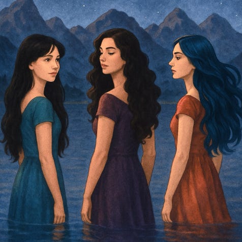 The three girls from the story wading into a lake with mountains behind them. The three girls from the story wading into a lake with mountains behind them.