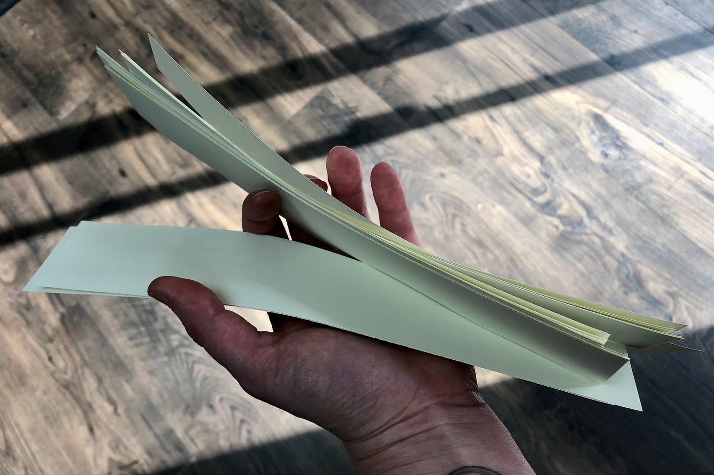 an open hand holding a pile of blank paper scraps with a sunlit wooden floor in the background