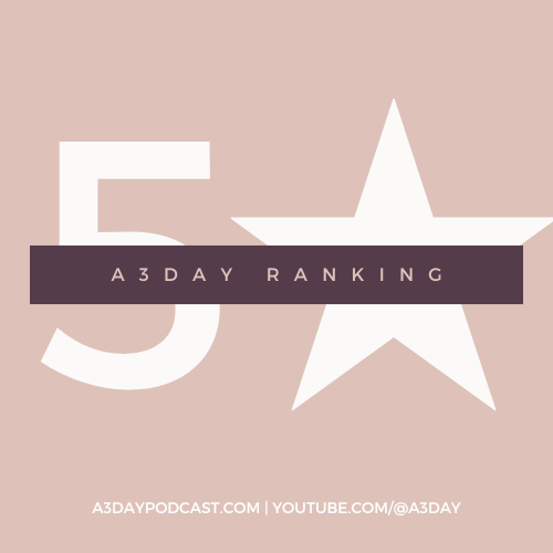 Five images of A3Day Podcast's ranking with a number and a single white star