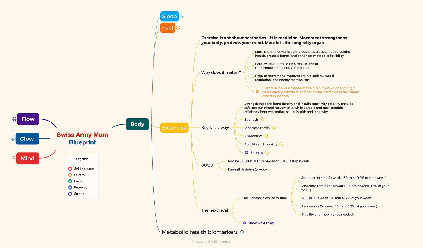 Exercise blueprint mindmap showing six key movement types for women over 35: daily steps, strength training, moderate cardio, HIIT, plyometrics, and stability work