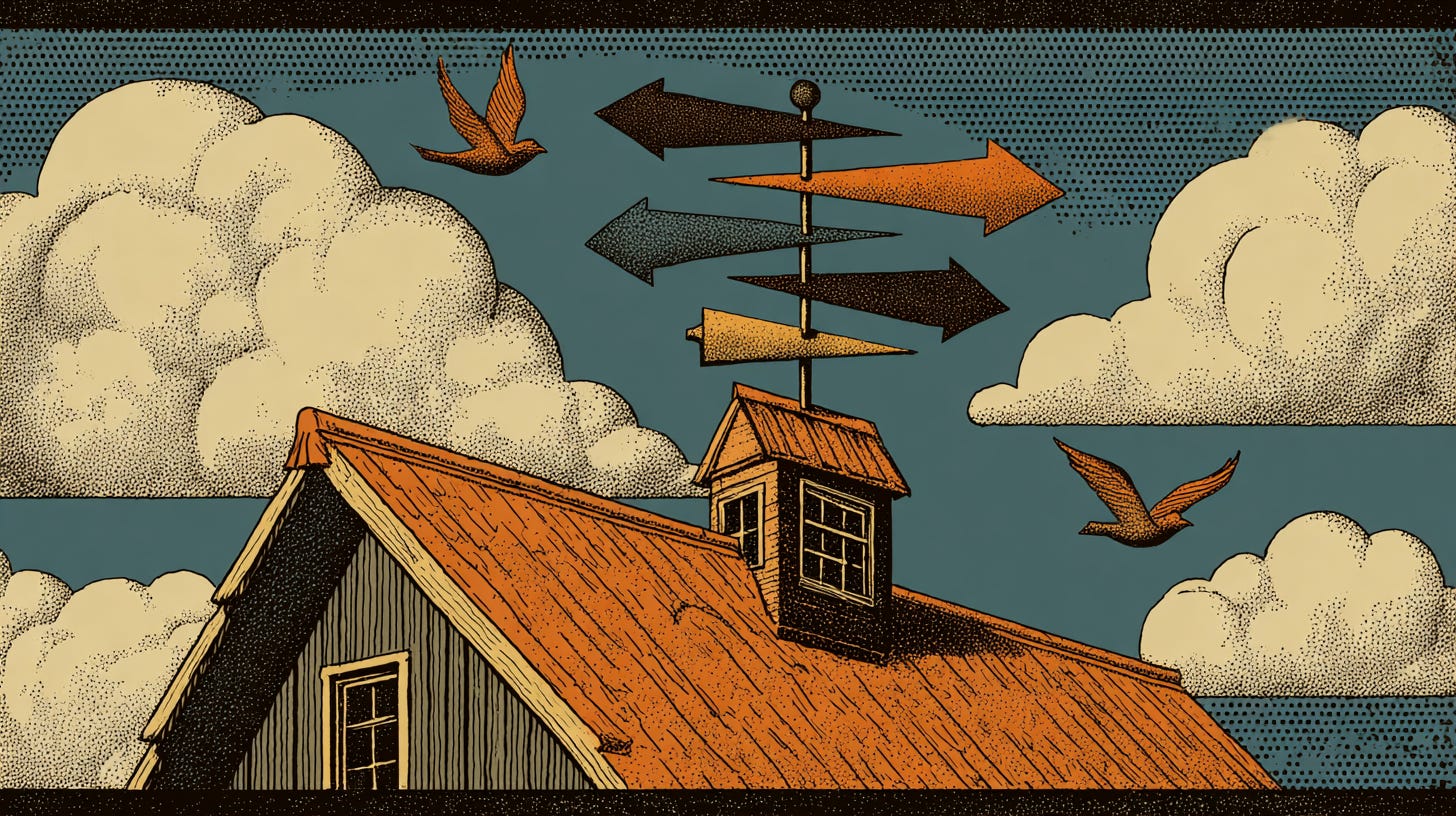 Generated with midjourney - prompt: A weathervane on a barn roof spinning in the wind, multiple directional arrows all moving, against a clouded sky with birds - using style image from blog