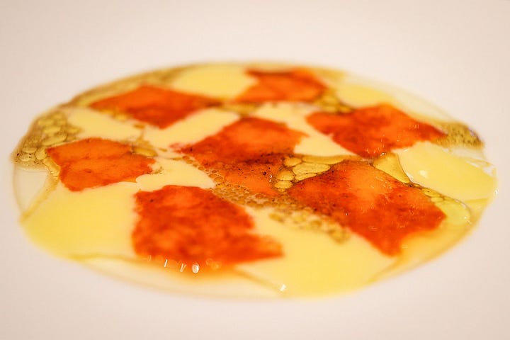 L-R: Sea urchin, percorino and tomato; burnt lemon risotto. Piazza Duomo