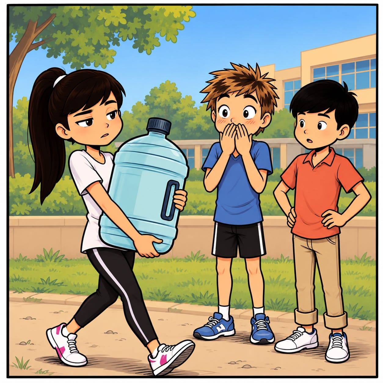Zara surprises Jay and Veer with an enormous water bottle.