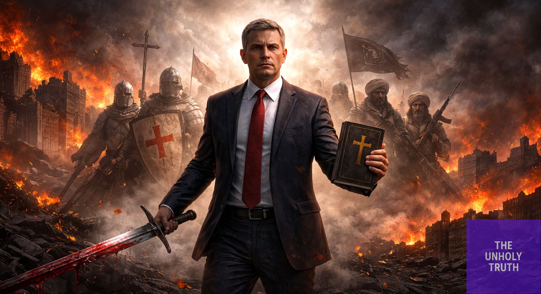 A modern politician in a suit holding a bloodied sword and a Bible, standing in front of burning buildings, with ancient crusaders and jihadis fading into the smoke. A modern politician in a suit holding a bloodied sword and a Bible, standing in front of burning buildings, with ancient crusaders and jihadis fading into the smoke.