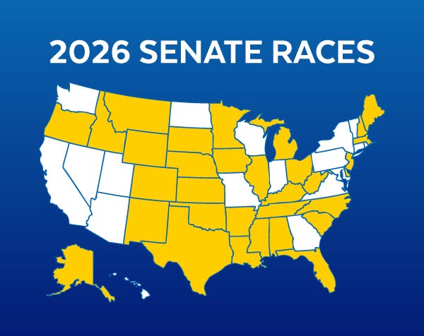 2026 Senate Races in Alabama, Alaska, Arkansas, Colorado, Delaware, Florida, Georgia, Idaho, Illinois, Iowa, Kansas, Kentucky, Louisiana, Maine, Massachusetts, Michigan, Minnesota, Mississippi, Montana, Nebraska, New Hampshire, New Jersey, New Mexico, North Carolina, Ohio, Oklahoma, Oregon, Rhode Island, South Carolina, South Dakota, Tennessee, Texas, Virginia, West Virginia, and Wyoming 2026 Senate Races in Alabama, Alaska, Arkansas, Colorado, Delaware, Florida, Georgia, Idaho, Illinois, Iowa, Kansas, Kentucky, Louisiana, Maine, Massachusetts, Michigan, Minnesota, Mississippi, Montana, Nebraska, New Hampshire, New Jersey, New Mexico, North Carolina, Ohio, Oklahoma, Oregon, Rhode Island, South Carolina, South Dakota, Tennessee, Texas, Virginia, West Virginia, and Wyoming