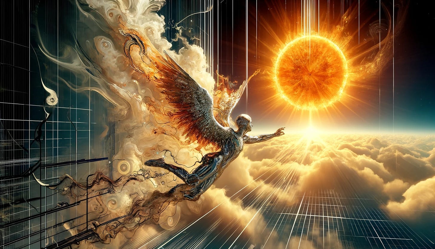 DALL·E 2024-04-09 10.53.42 - Create a postmodern interpretation of the mythological scene of Daedalus and Icarus, with Icarus flying too close to the sun. The style should incorpo.jpeg