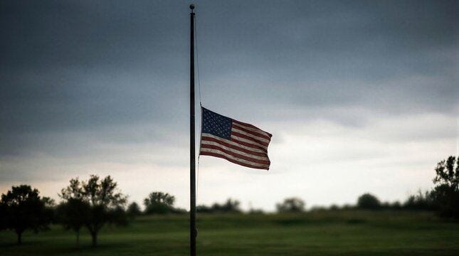 American flag flying at half mast during a stormy sky. Symbol of national mourning and remembrance for fallen servicemen in the United States. Concept of respect and memorial. American flag flying at half mast during a stormy sky. Symbol of national mourning and remembrance for fallen servicemen in the United States. Concept of respect and memorial.
