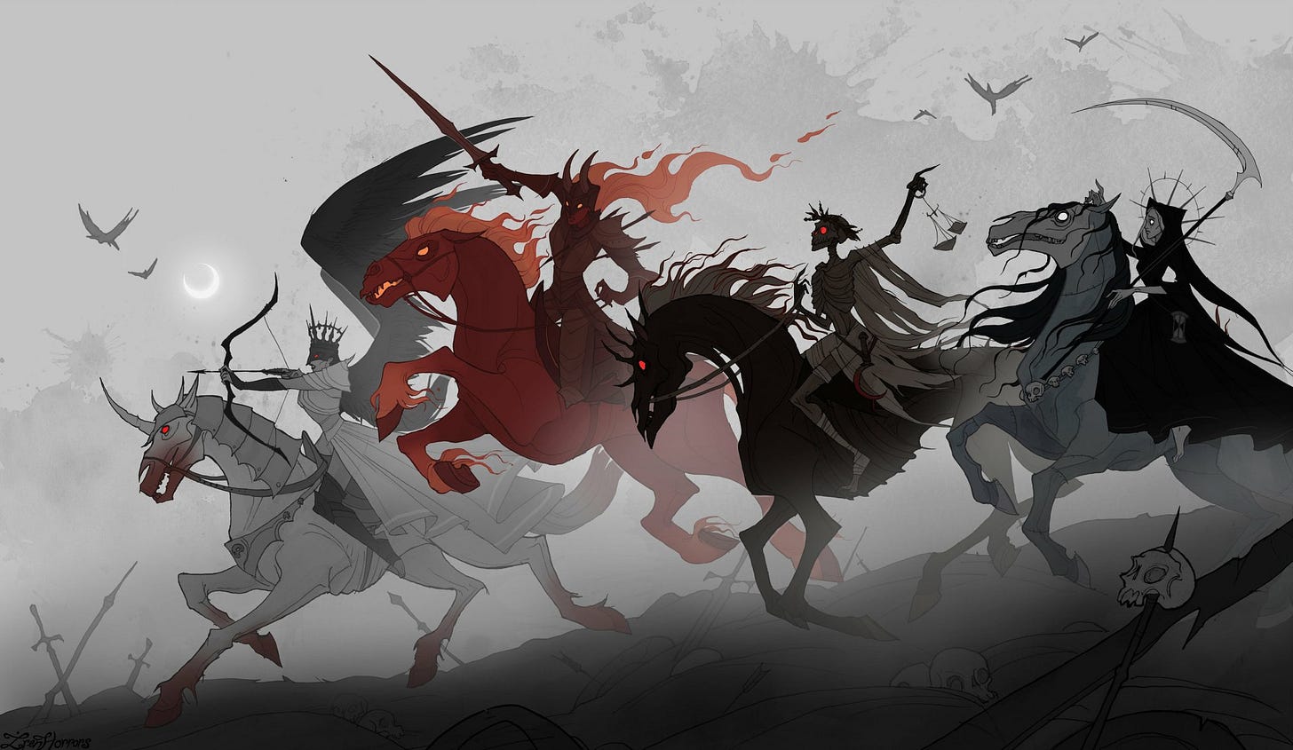 Eternal Shadows: The Four Horsemen of the Apocalypse in Dark HD Glory by Ksenia Svincova Dark HD PC desktop wallpaper depicting the Four Horsemen of the Apocalypse riding through a misty, ominous landscape with eerie red and black tones.