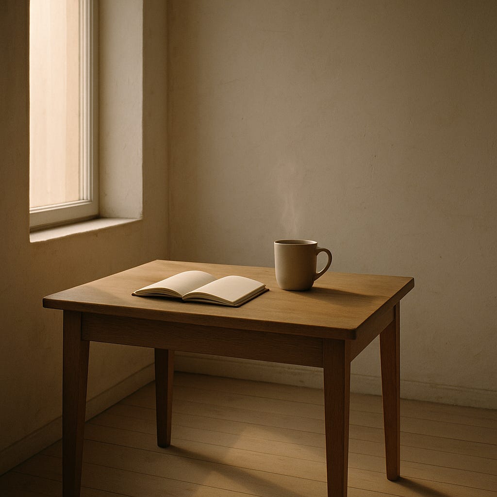 A quiet room with a cup and open notebook in soft light — solitude as an ecosystem.