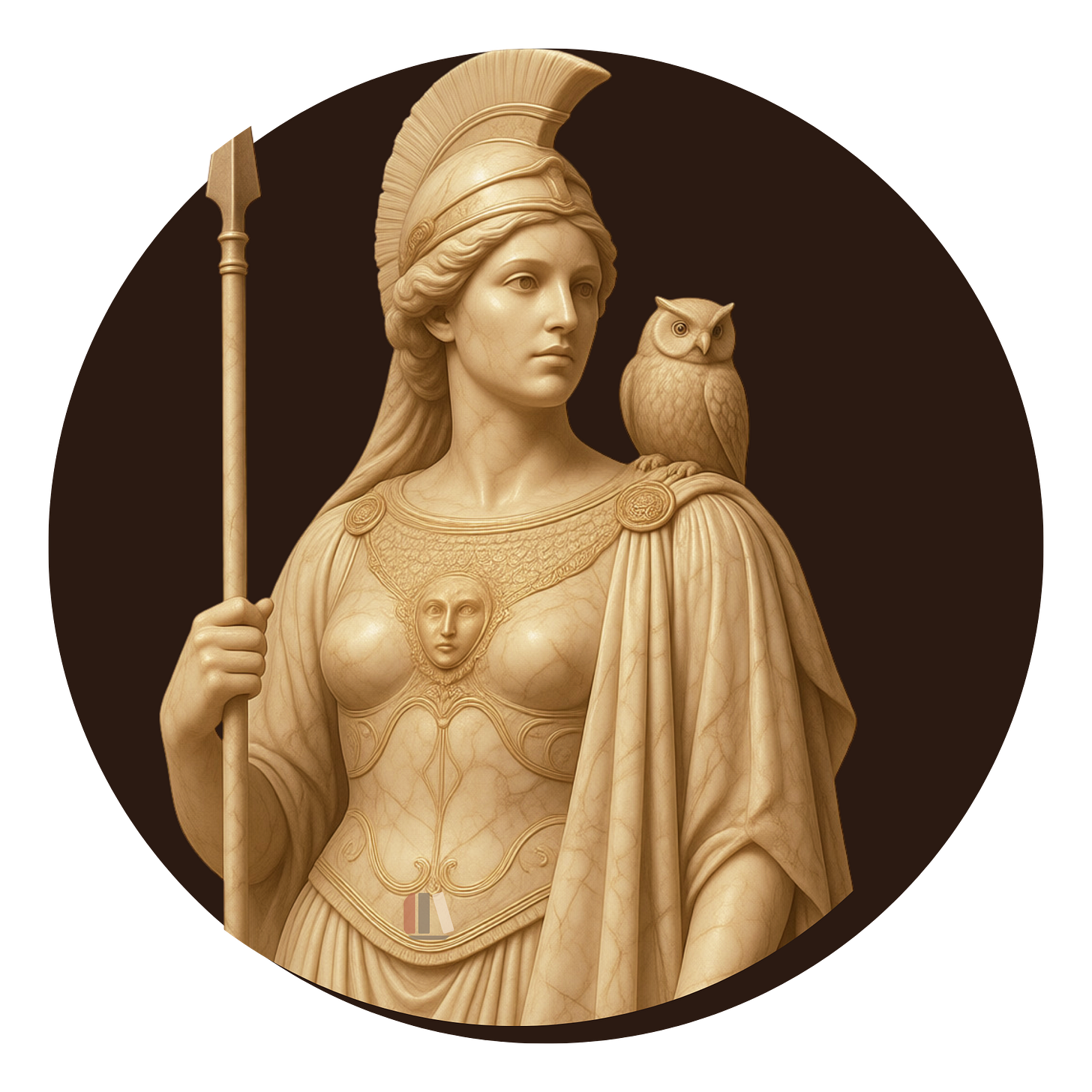 Sculpted classical bust in pale stone against a dark brown circle. A helmeted woman in armored aegis holds a spear upright, an owl perched at her shoulder, her expression level and appraising. Sculpted classical bust in pale stone against a dark brown circle. A helmeted woman in armored aegis holds a spear upright, an owl perched at her shoulder, her expression level and appraising.