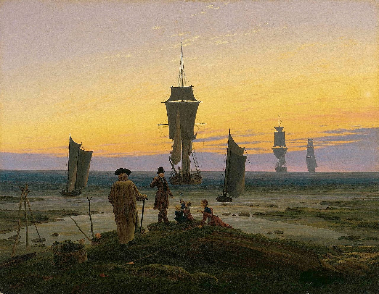 The Stages of Life (1835). Museum der Bildenden Künste, Leipzig. The Stages of Life is a meditation on the artist's mortality, depicting five ships at various distances. The foreground similarly shows five figures at different stages of life.[95]