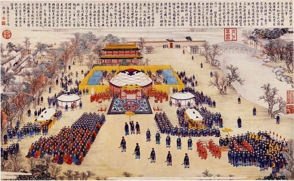 A front-on view of a large 18th century painting on silk of a large imperial victory banquet A front-on view of a large 18th century painting on silk of a large imperial victory banquet
