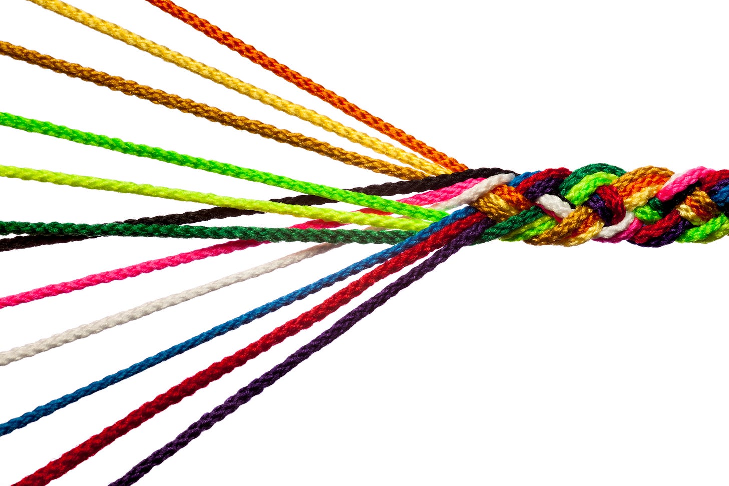 Multicolored string being wound vortex style in to a braid