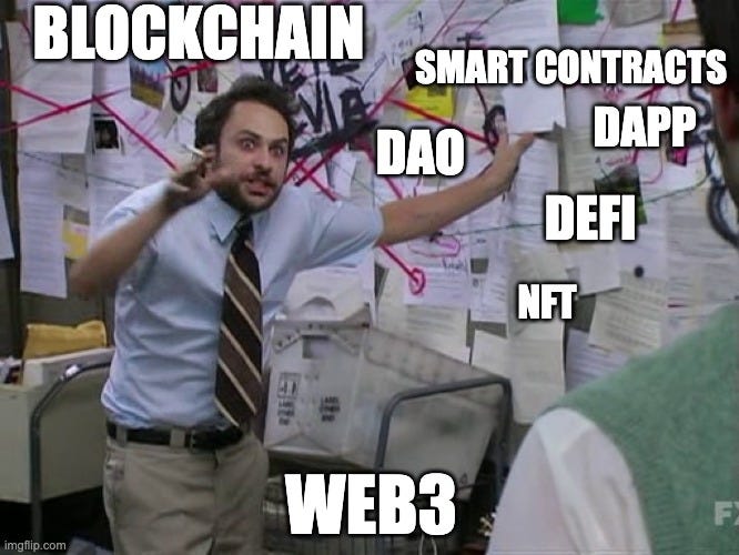 meme che rappresenta un cospirazionista che spiega le connessioni dei vari elementi che compongono il web3