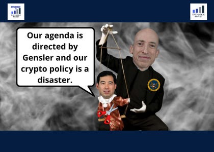 Gary Gensler being the puppet master of Mark Uyeda (the puppet holding a scissors) saying “our agenda is directed by Gensler and our crypto policy is a disaster.” Gary Gensler being the puppet master of Mark Uyeda (the puppet holding a scissors) saying “our agenda is directed by Gensler and our crypto policy is a disaster.”