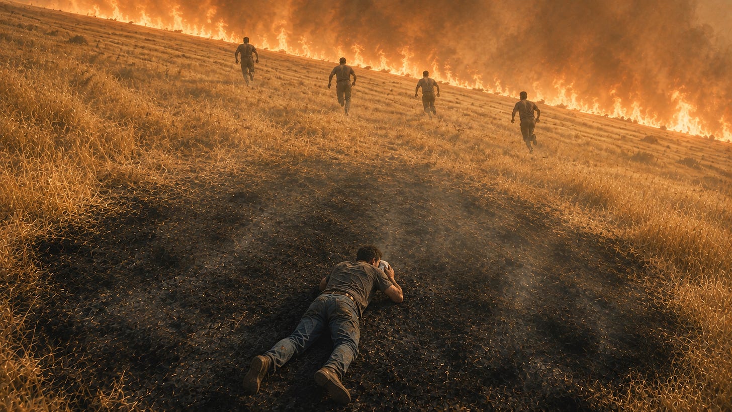A firefighter lies face down in burned ash on a dry grass hillside as four others run uphill toward an advancing wall of fire, illustrating the 1949 Mann Gulch escape fire. A firefighter lies face down in burned ash on a dry grass hillside as four others run uphill toward an advancing wall of fire, illustrating the 1949 Mann Gulch escape fire.