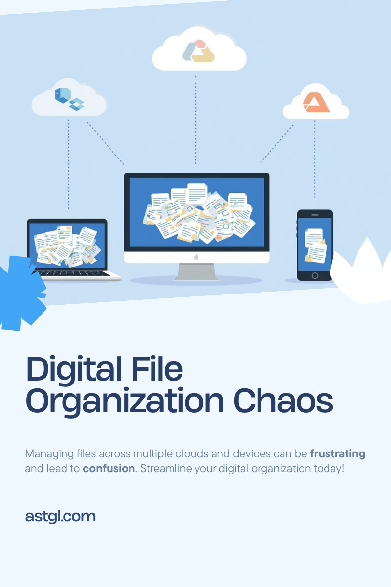 from left to right, a laptop, a desktop, and a smart phone all displaying file chaos as they connect above into the various cloud files chaos from left to right, a laptop, a desktop, and a smart phone all displaying file chaos as they connect above into the various cloud files chaos