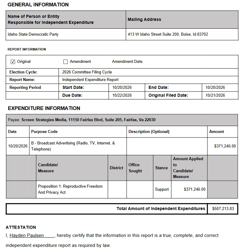 Same Prop 1 Ad, Different Sponsor: How Idaho Democrats Bought Airtime At Half Price 3 Screenshot of an independent expenditure report from the Idaho Democratic Party for $371,246 in support of Proposition 1.