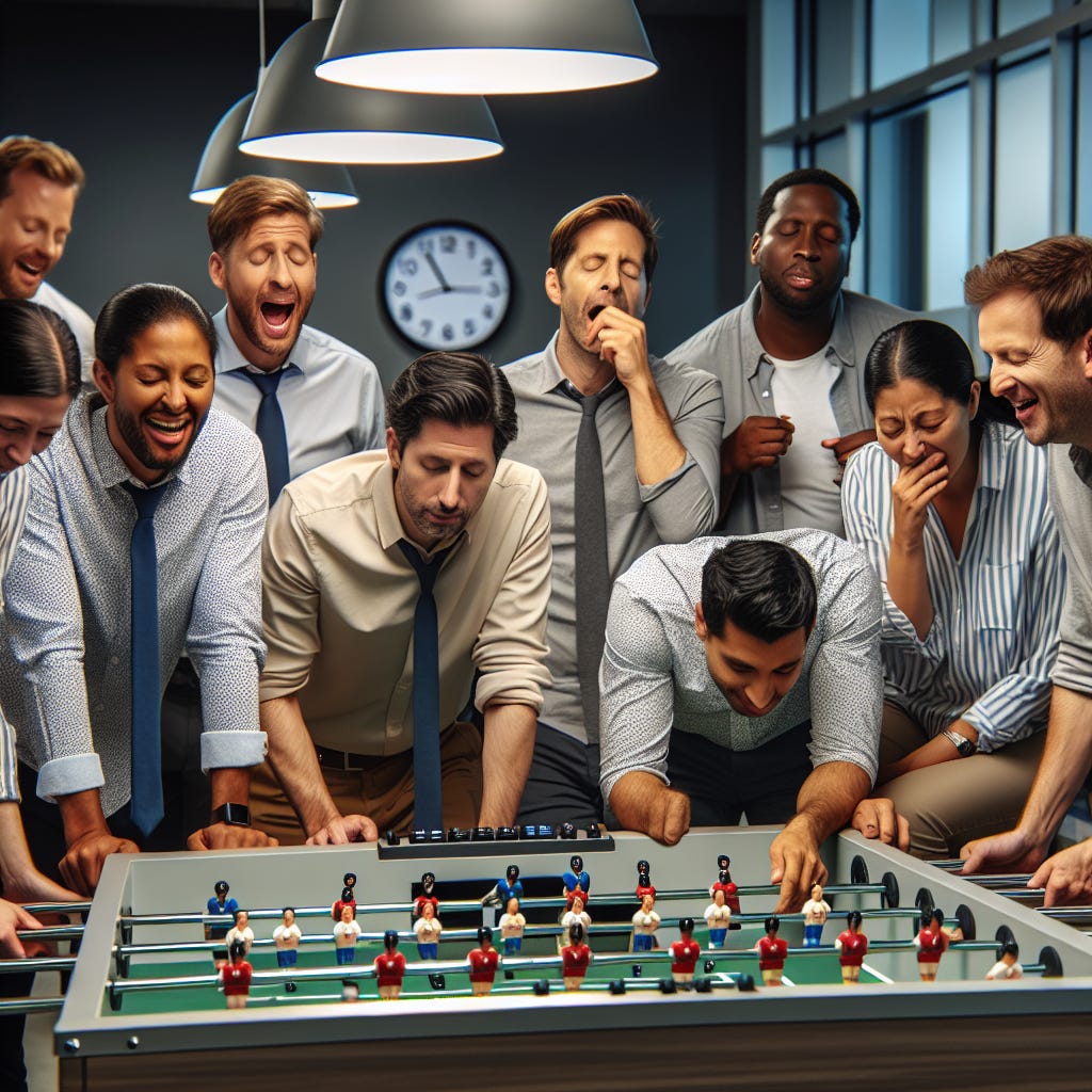 Show me a photographic quality picture of overworked and underpaid entry level employees who look haggard and tired but are having a rare fleeting moment of joy as they play foosball in a common kitchen area of a large corporation. Make it dark outside with fluorescent lighting inside and have a clock on the wall show it’s 2 in the morning somewhere (but make the clock subtle - it shouldn’t be the main focus of the image but more of an easter egg.)