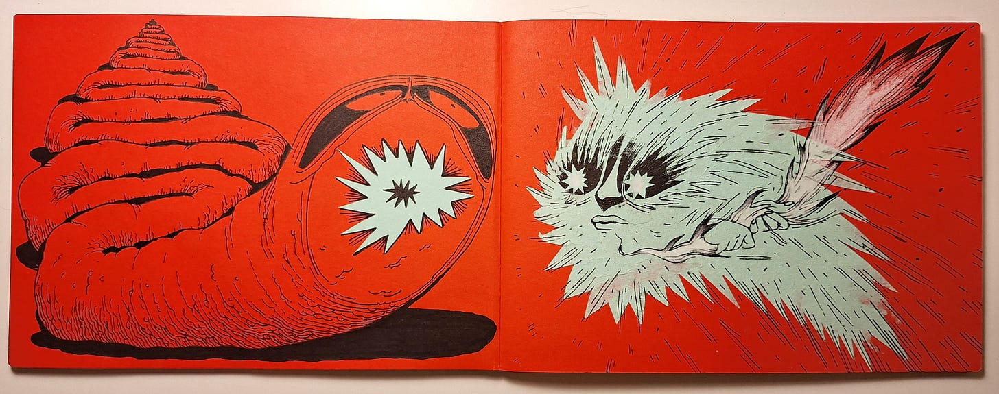sketchbook spread with ink and cut paper, a ravenous worm and a comet collide