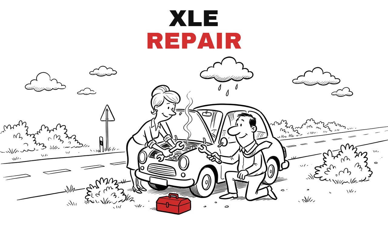Trade Repair XLE, Repair. Hand-drawn cartoon: the two of them repair a small car at the roadside under a rain cloud, a toolbox beside it. Trade Repair XLE, Repair. Hand-drawn cartoon: the two of them repair a small car at the roadside under a rain cloud, a toolbox beside it.