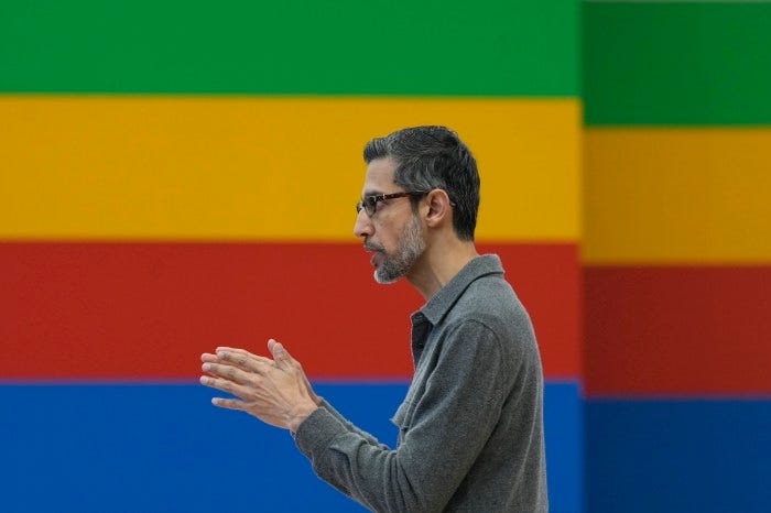 Sundar Pichai, CEO of Alphabet, speaks at a Google I/O event.