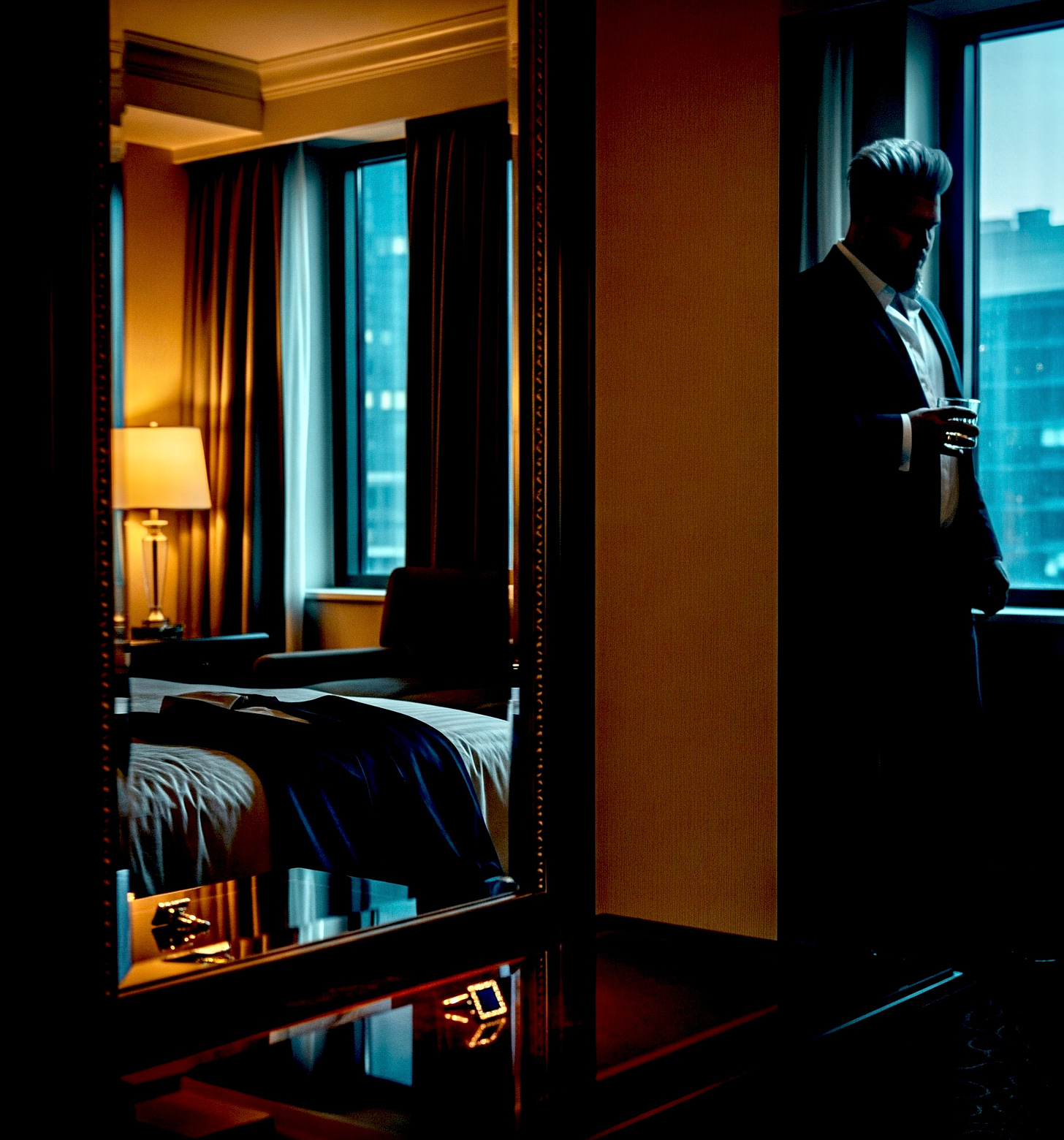 A silver-haired man stands alone in a high-rise hotel room, partially obscured by shadow, holding a glass of whiskey. His tuxedo jacket is draped across the bed in the reflection of a mirror. The mood is somber and introspective—symbolizing fractured trust, secrecy, and the complexity of loyalty. Visual for cuffed musing no. 8: “the hierarchy of trust—and why loyalty isn’t what you think.” A silver-haired man stands alone in a high-rise hotel room, partially obscured by shadow, holding a glass of whiskey. His tuxedo jacket is draped across the bed in the reflection of a mirror. The mood is somber and introspective—symbolizing fractured trust, secrecy, and the complexity of loyalty. Visual for cuffed musing no. 8: “the hierarchy of trust—and why loyalty isn’t what you think.”