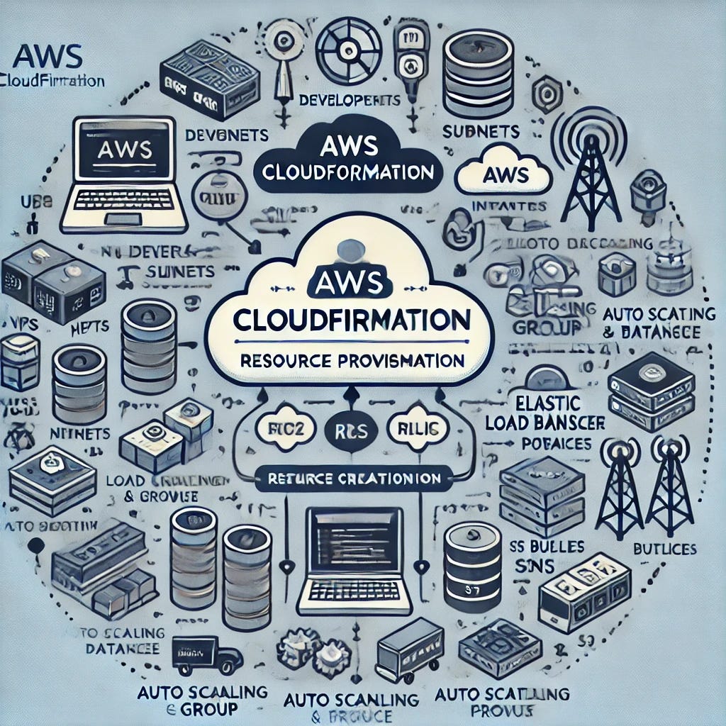 An AWS CloudFormation architecture diagram showing resource provisioning. The diagram includes:
1. **User (Developer/Admin)** interacting with AWS CloudFormation via the AWS Console or CLI.
2. **AWS CloudFormation** service handling the deployment.
3. **Stack Creation Process** deploying various AWS resources:
- **VPC with Subnets** for networking.
- **EC2 Instances** for compute.
- **Auto Scaling Group** for scalability.
- **Elastic Load Balancer (ELB)** for traffic distribution.
- **RDS Database** for storage.
- **IAM Roles & Policies** for security.
- **S3 Buckets** for storage.
- **SNS & Lambda Functions** for notifications and automation.
The diagram should follow AWS architecture best practices, using appropriate AWS icons and a clean layout. An AWS CloudFormation architecture diagram showing resource provisioning. The diagram includes:
1. **User (Developer/Admin)** interacting with AWS CloudFormation via the AWS Console or CLI.
2. **AWS CloudFormation** service handling the deployment.
3. **Stack Creation Process** deploying various AWS resources:
- **VPC with Subnets** for networking.
- **EC2 Instances** for compute.
- **Auto Scaling Group** for scalability.
- **Elastic Load Balancer (ELB)** for traffic distribution.
- **RDS Database** for storage.
- **IAM Roles & Policies** for security.
- **S3 Buckets** for storage.
- **SNS & Lambda Functions** for notifications and automation.
The diagram should follow AWS architecture best practices, using appropriate AWS icons and a clean layout.