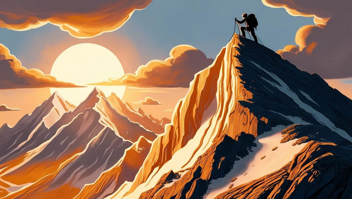 Summitting a mountain at sunrise