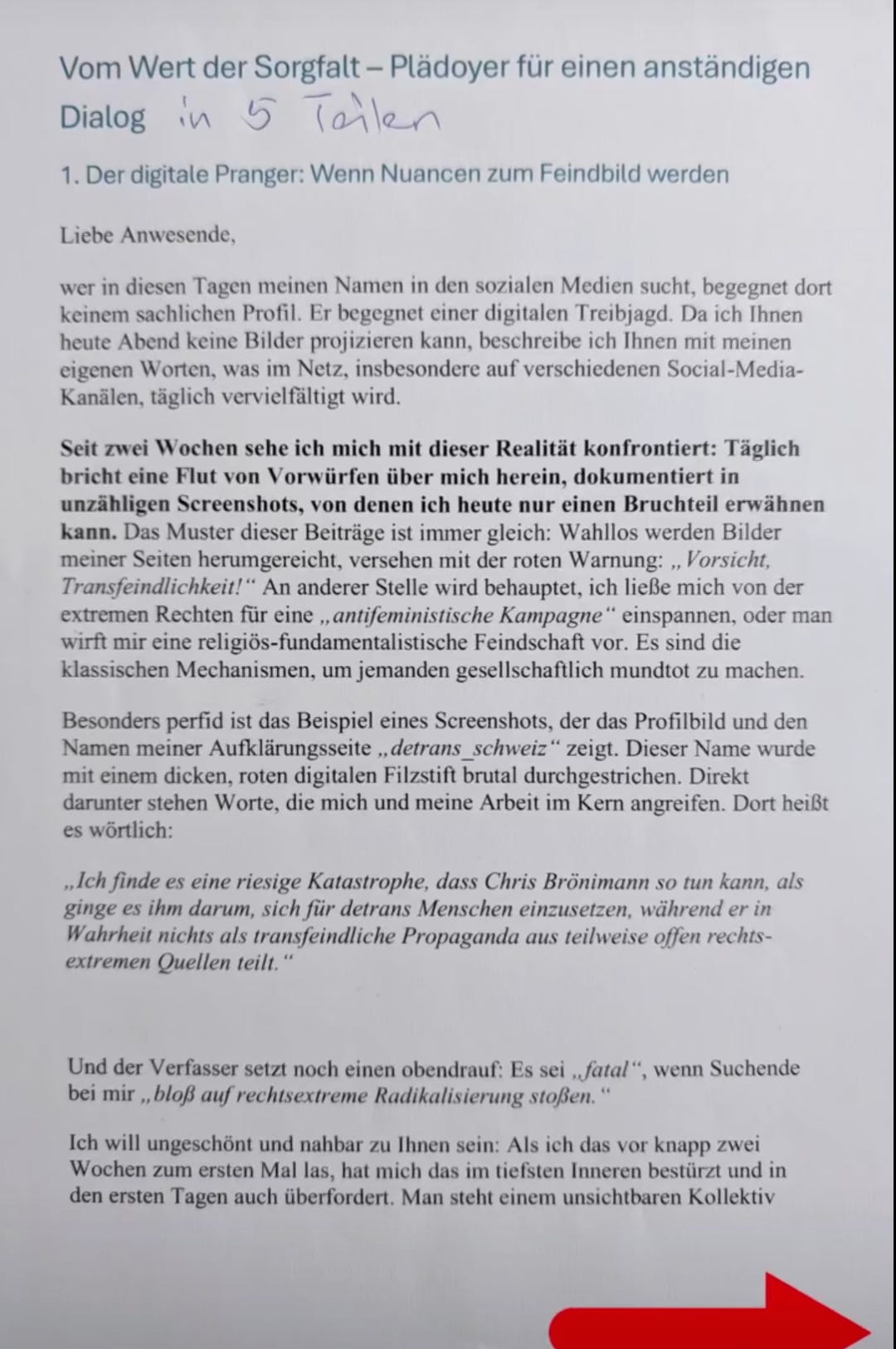 Erste Seite von Brönimanns Rede-Manuskript Erste Seite von Brönimanns Rede-Manuskript