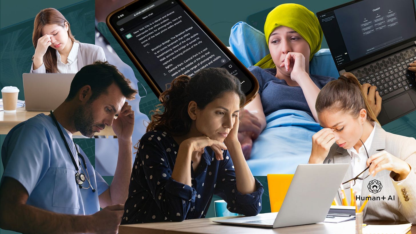 People look worried amidst a phone and a laptop with ChatGPT onscreen.