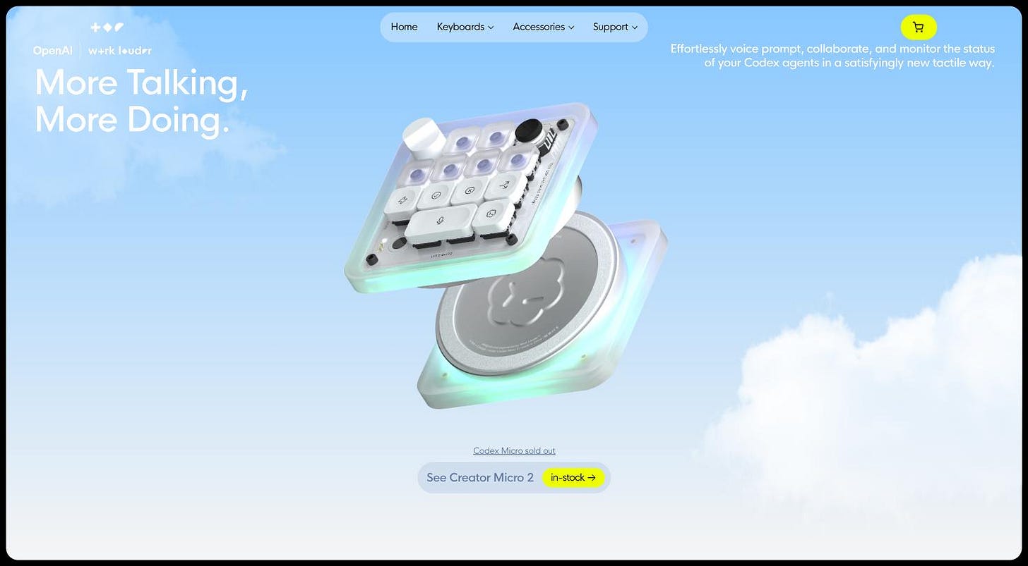 Product render of the Codex Micro keyboard: a compact keypad with a dial and a joystick floating above a metal base against a blue sky, with the OpenAI and Work Louder logos.