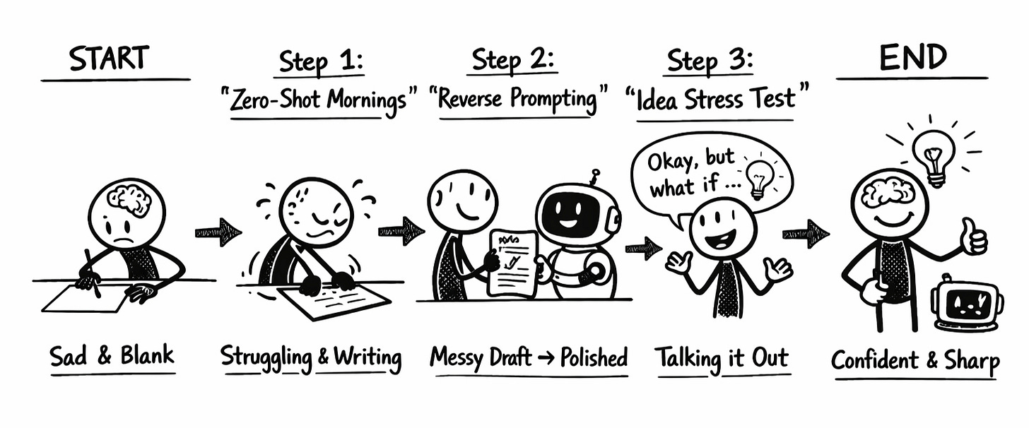 Hand-drawn whiteboard-style flowchart showing a writer’s progression using AI correctly. From left to right: a sad stick figure with a tiny brain stares at a blank page (“Start”). Step 1, “Zero-Shot Mornings,” shows the figure struggling and sweating while writing. Step 2, “Reverse Prompting,” shows the writer creating a messy draft and then handing it to a small robot assistant to polish. Step 3, “Idea Stress Test,” shows the writer talking out loud, saying “Okay, but what if…,” with a lightbulb appearing. The final panel shows a confident figure with a full brain, thumbs up, and AI depicted as a small tool beside them, not in control. All drawn in rough black marker on a white background.