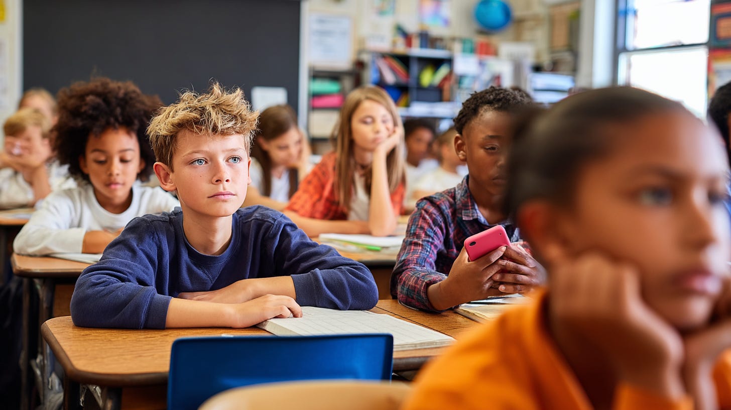 Students sitting at desks in a classroom, some appearing attentive while others look disengaged or distracted, including one student using a phone.