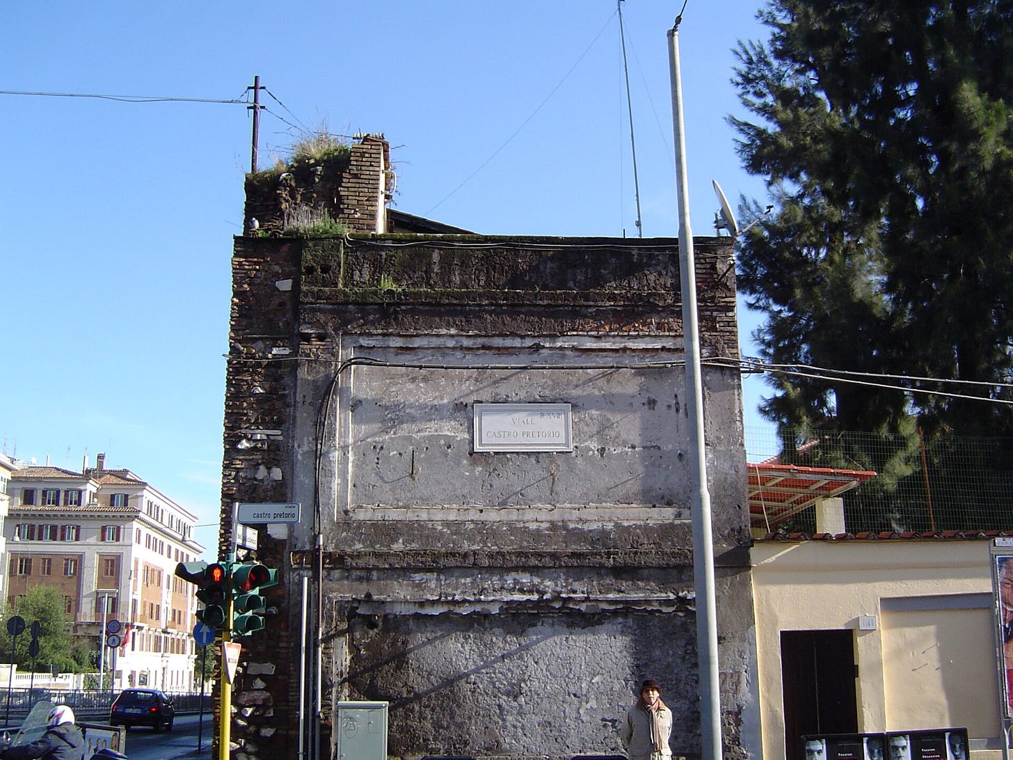 The wall of the Castra Praetoria, the camp of the imperial guard, still standing in Rome today. The wall of the Castra Praetoria, the camp of the imperial guard, still standing in Rome today.