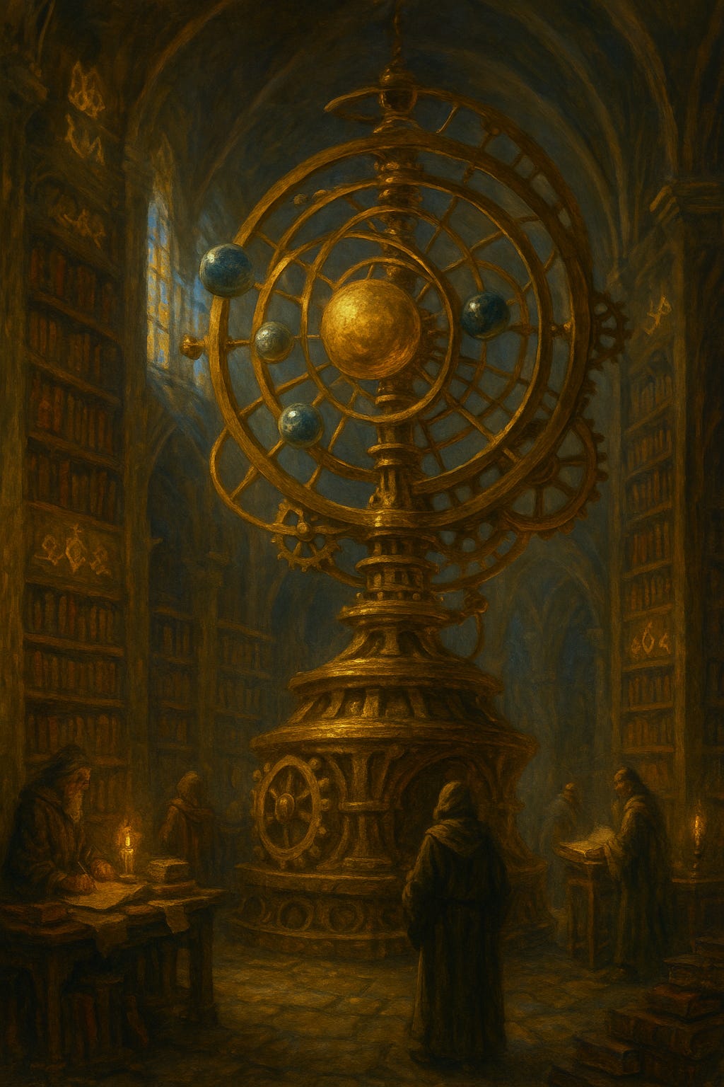 A massive orrery sits inside a library, surrounded by wizened-looking men in robes who are engrossed in study.