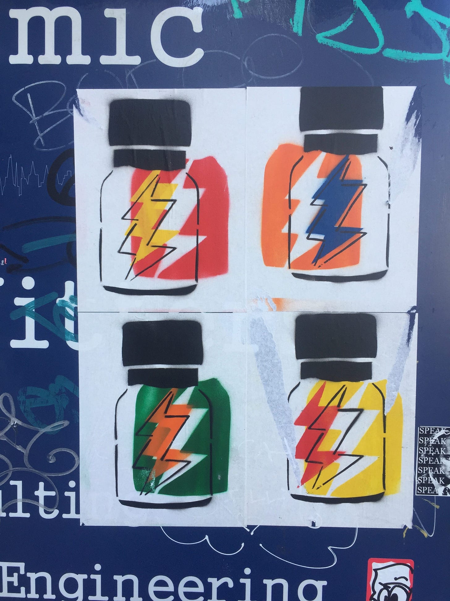 Street art of four colorful bottles/vials, each featuring a bold, black lightning bolt. Colors: red, orange, green, and yellow backgrounds. Bright, dynamic vibe. This artwork is on a sign that mentions engineering, and has some other graffiti tags and art. Street art of four colorful bottles/vials, each featuring a bold, black lightning bolt. Colors: red, orange, green, and yellow backgrounds. Bright, dynamic vibe. This artwork is on a sign that mentions engineering, and has some other graffiti tags and art.
