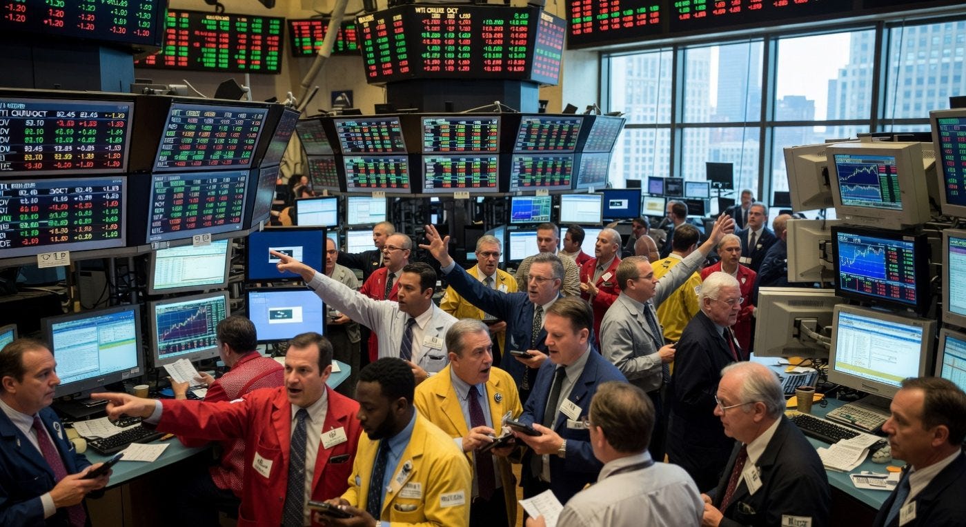 Busy stock exchange trading floor with traders in colorful jackets surrounded by financial screens