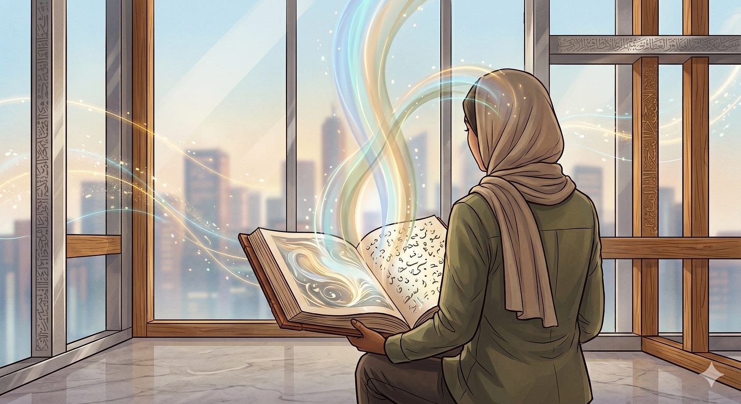 A back view illustration shows a woman with dark, curly hair tied back, wearing a green utility shirt and blue jeans, sitting on a stone floor and holding an open, antique book. She looks through floor-to-ceiling windows at a city skyline at sunrise/sunset. Swirling, colorful (blue, gold, purple, yellow) light, composed of abstract forms and characters from various alphabets (including Greek, Latin, Cyrillic, Hindi, and Hebrew), rises from the open book and fills the room, arcing toward the windows and ceiling. The room has modern metal and wood framework, including a decorative wall panel with vertical louvers and integrated glowing Arabic calligraphy on the window frame. The floor reflects the light from the book and the city. The overall style is modern illustration with traditional textures.